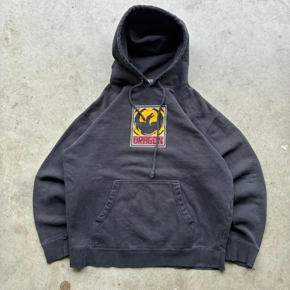 Vintage super boxy faded‎ thrashed dragon hoodie with a blown out skating elbow